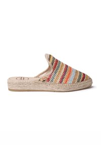 Espadrillas intrecciate slip-on con un motivo a strisce multicolore in rosso, blu e giallo, dotate di suola in juta naturale e cuciture decorative.