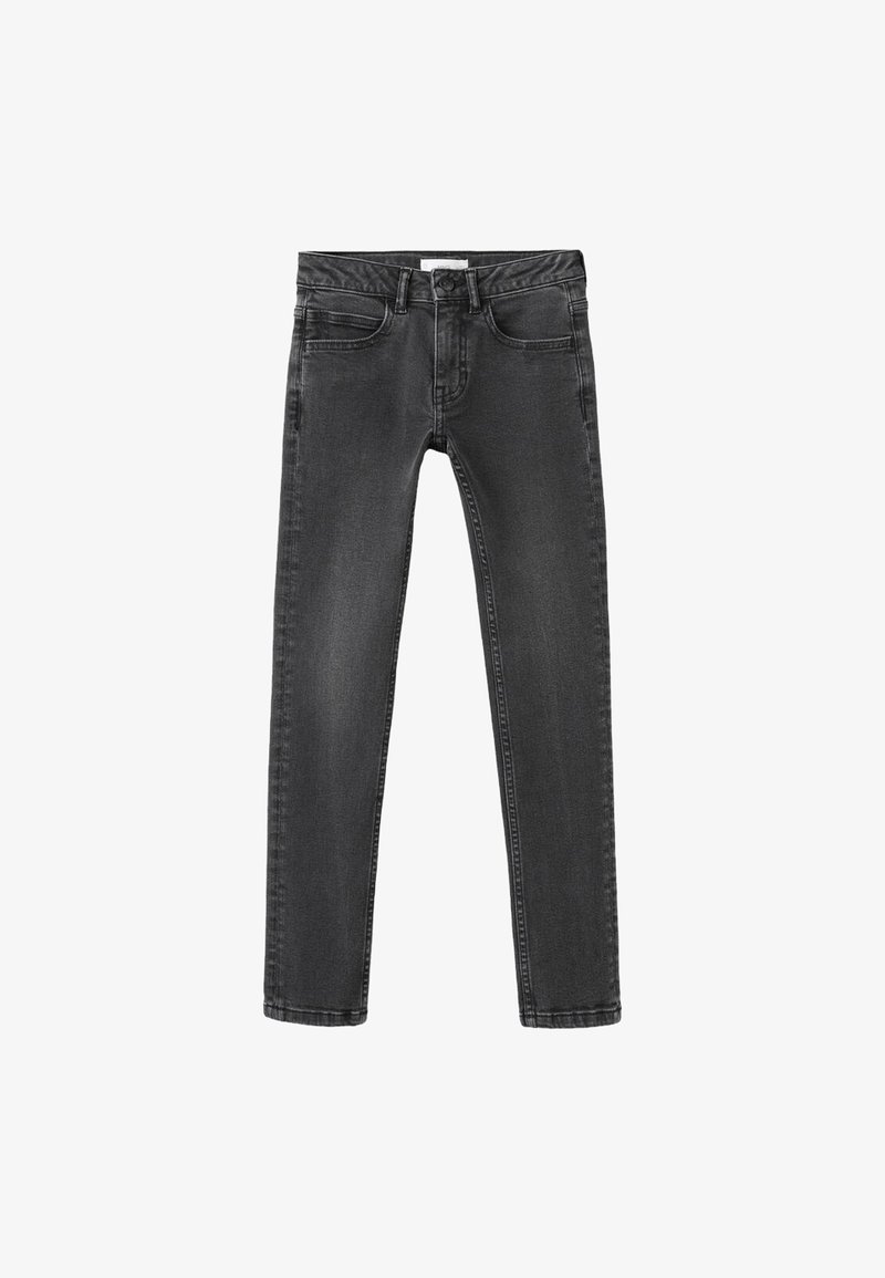 Černé džínové kalhoty s úzkým střihem, pěti kapsami a středním pasem. Mají minimální prošívání a hladkou texturu.