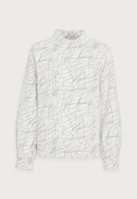 Valkoinen poolopaita, jossa on harmaiden viivojen teksturoitu kuvio. Pitkät hihat ja rento istuvuus, edessä kaksi taskua.