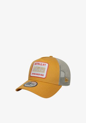 Yellow baseball cap with gray mesh back, featuring a rectangular patch with "Buffalo, NY" and "New Era, Established 1920" in contrasting colors.