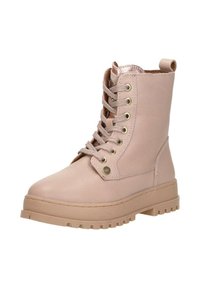 Lichtroze leren enkelboots met een gestructureerd oppervlak, veters, metalen oogjes en een robuuste rubberen zool. Beschikt over een metallic accent aan de bovenkant.