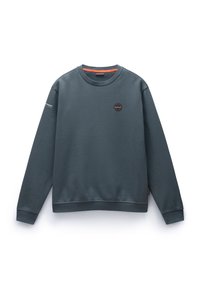 Donkergrijze sweatshirt van gladde stof, met een ronde halslijn, geribbelde mouwen en een klein logopatch op de borst.