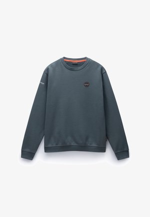 Mörkgrå sweatshirt i slät tyg, med rund halsringning, ribbad manschett och en liten logotyp på bröstet.