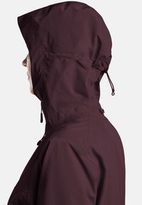 Bordeauxkleurige hoodie met een gladde textuur, voorzien van een trekkoordsluiting en een strakke silhouette. De zijkant toont de verborgen stiksels.