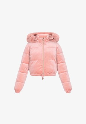 Rosa cropped Steppjacke mit einer mit Fell gefütterten Kapuze, gerippter Textur, Reißverschluss und verstellbarem Kordelzug am Saum.