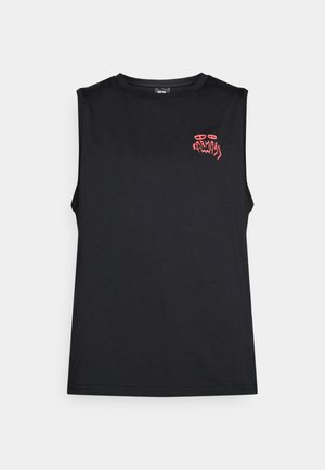 Black sleeveless tank top with red stylized "Karma" text and abstract eyes graphic on the upper left chest.