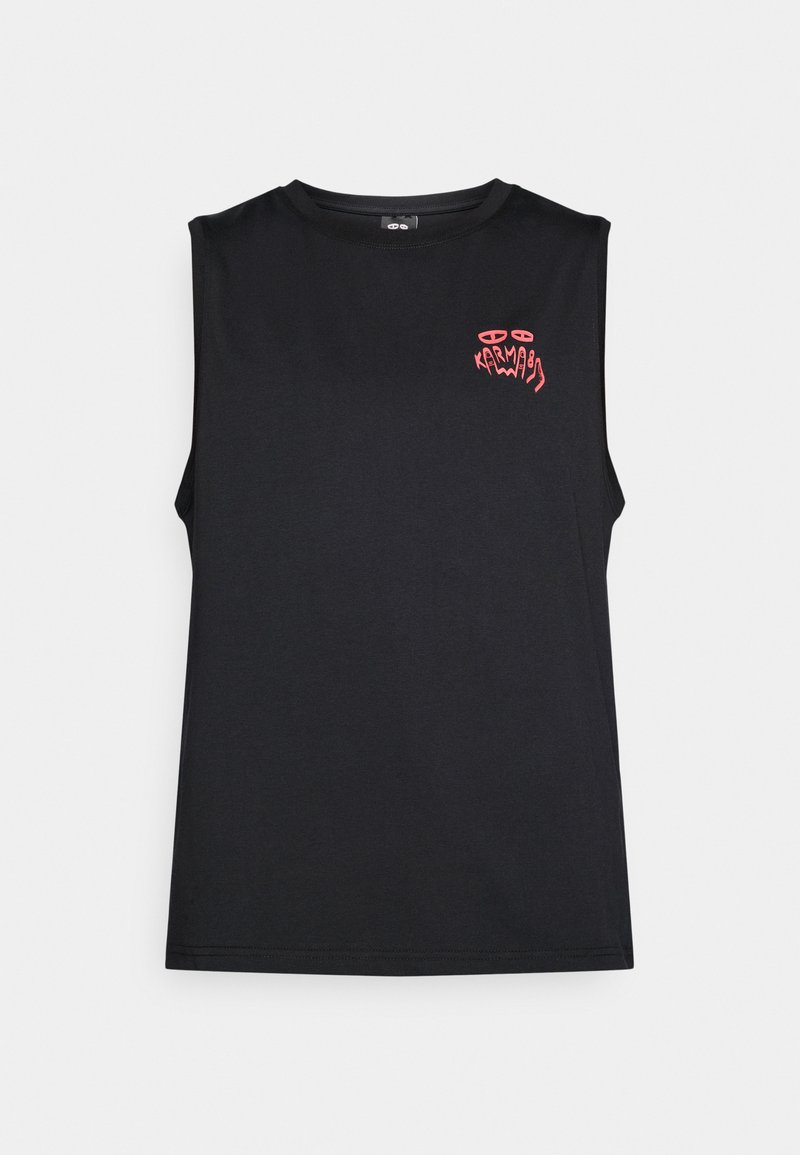 Black sleeveless tank top with red stylized "Karma" text and abstract eyes graphic on the upper left chest.