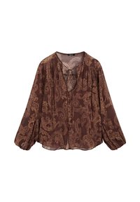 Blusa marrone a fantasia con vestibilità ampia, maniche lunghe a sbuffo e chiusura a legaccio al collo. Il tessuto sembra leggero e texture.