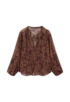 Bruine, gebloemde blouse met een losse pasvorm, lange pomponmouwen en een striksluiting bij de hals. De stof lijkt lichtgewicht en textuur te hebben.