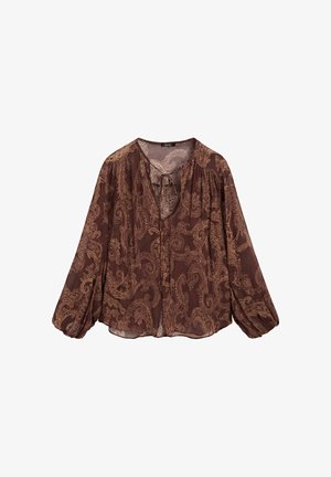 Brown, patterned blouse with a loose fit, long puff sleeves, and a tie closure at the neckline. Fabric appears lightweight and textured.