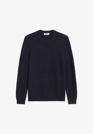 Granatowy sweter z teksturowanej tkaniny, z okrągłym dekoltem i długimi rękawami, z jednolitym wzorem dzianiny w całej powierzchni.