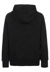 Svart hoodie med prickig textur, utrustad med dragsko på huvan, långa ärmar och ribbade manschetter och nederkant. Bakåtsyn visar inga ytterligare detaljer.