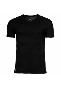 Czarny, krótki rękaw, koszulka typu V-neck z małym białym logo blisko dolnego brzegu po lewej stronie.