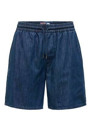 Pantalones cortos de mezclilla en azul oscuro con cintura elástica y cordón. Presentan bolsillos laterales y un corte de pierna recta.