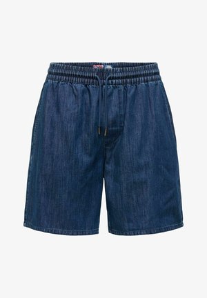 Pantalones cortos de mezclilla en azul oscuro con cintura elástica y cordón. Presentan bolsillos laterales y un corte de pierna recta.