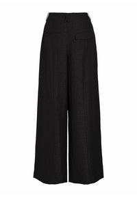 Pantalon noir à jambes larges avec taille haute, détails de couture avant, et deux poches latérales, dont une avec rabat.