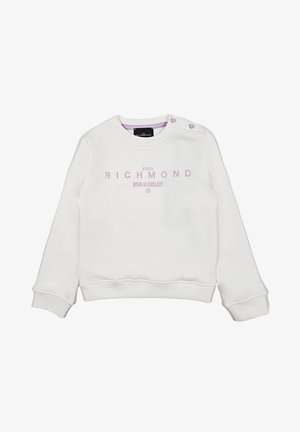 Felpa bianca realizzata in morbido cotone. Presenta un collo tondo, polsini e orlo a costine. Sul fronte è stampato "JOHN RICHMOND BORN IN ENGLAND" in testo viola.