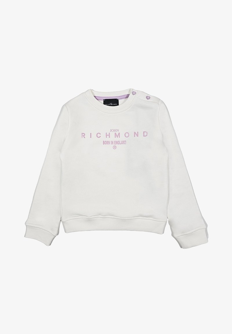 Felpa bianca realizzata in morbido cotone. Presenta un collo tondo, polsini e orlo a costine. Sul fronte è stampato "JOHN RICHMOND BORN IN ENGLAND" in testo viola.