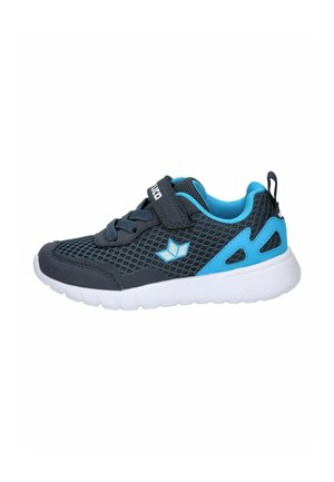Child’s navy blue and light blue sports sneaker with mesh upper, white sole, Velcro strap, and brand logo on the side.
