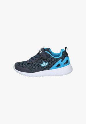 Child’s navy blue and light blue sports sneaker with mesh upper, white sole, Velcro strap, and brand logo on the side.
