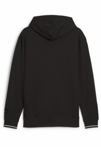 Felpa nera con una texture morbida, dotata di un ampio cappuccio, maniche lunghe e strisce bianche a contrasto sui polsini. Senza loghi o disegni visibili.