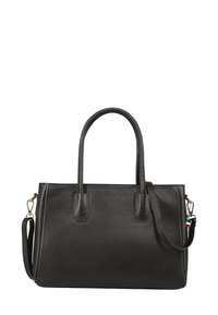 Sac à main en cuir noir texturé avec deux courtes poignées, une bandoulière amovible et un petit charme en forme de drapeau italien sur le fermoir de la sangle.