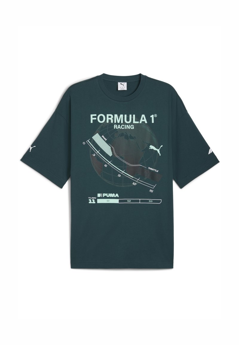 Mørkegrøn t-shirt med teksten "FORMULA 1® RACING" og et grafisk billede af en racerbane med en globe, mærket med Puma-logo.