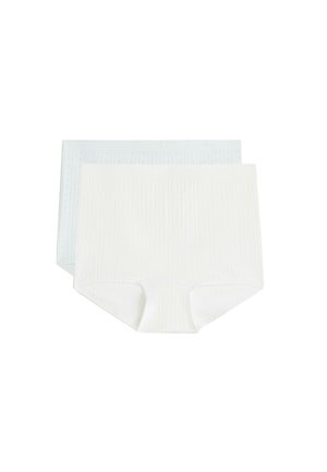 Due paia di mutandine boyshort da donna a vita alta in maglia a coste, nei colori bianco e azzurro chiaro.