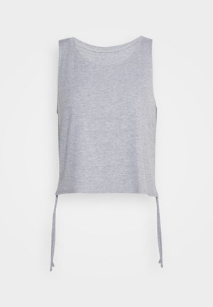 Jasnoszary, bezrękawnikowy, krótki top z okrągłym dekoltem i dwoma długimi, opuszczonymi wiązaniami po bokach.