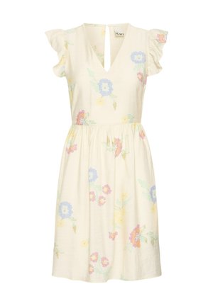 Vestito crema al ginocchio con maniche a volant, scollo a V e fantasie floreali pastello in giallo, blu, rosa e verde.