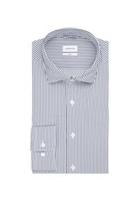 Weißes Hemd mit schmalen blauen Streifen, schlanke Passform, Button-Down-Kragen und eine geknöpfte Einzelmanschette mit weißen Knöpfen.