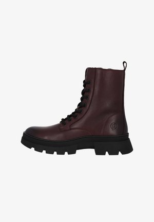 Bruine leren veterschoenen tot enkel met een ronde neus, dikke zwarte zool en textuuraccenten. Voorzien van een trekband aan de achterkant en een logodetail.