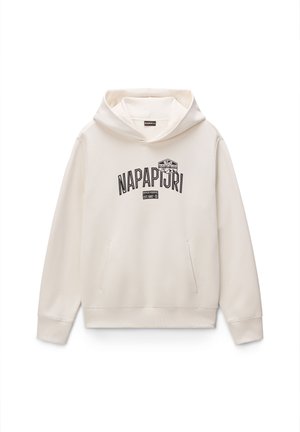 Sudadera color crema con un logo frontal, puños de canalé y bolsillos tipo canguro. Fabricada en tela suave con un corte relajado y capucha ajustable.