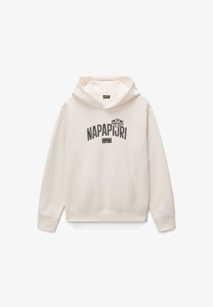 Haut à capuche couleur crème avec un logo sur le devant, des poignets côtelés et des poches kangourou. Fait en tissu doux avec une coupe décontractée et une capuche ajustable.