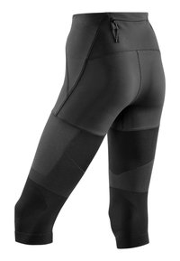Schwarze Capri-Leggings mit hohem Bund, strukturierten Paneelen und einer Reißverschlusstasche auf der Rückseite. Glattes Material mit ergonomischen Nähten.