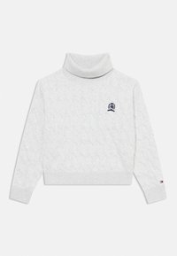 Ljusgrå polo-tröja med ett kabelstickat mönster, ribbade mudd och nederkant, samt en liten marinblå logotypdetalj på bröstet.