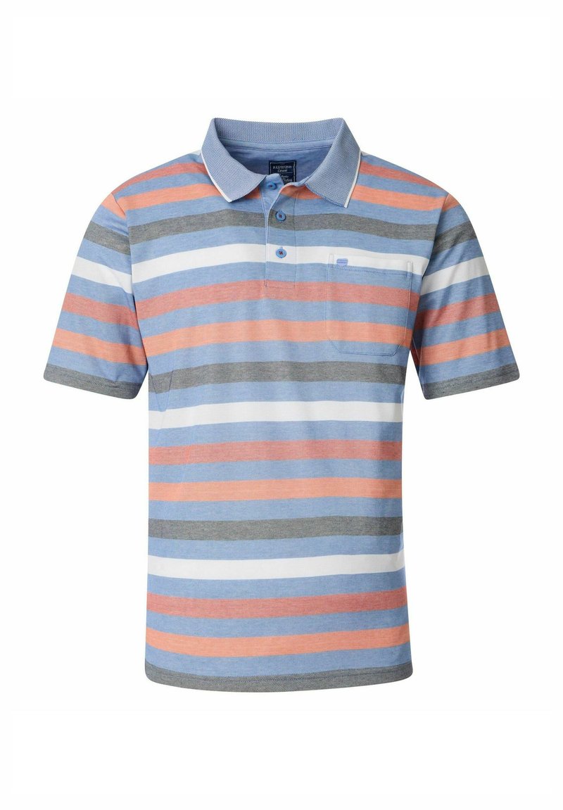 Polo w paski w niebieskim, szarym i koralowym kolorze, wyposażony w kołnierzyk, zapięcie na trzy guziki oraz kieszonkę na lewej piersi. Wykonany z miękkiej bawełny.