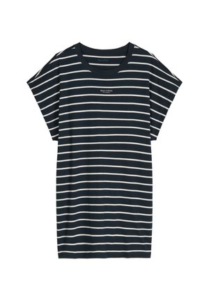 Marineblaues kurzärmeliges Kleid mit weißen horizontalen Streifen und kleinem "Marc O'Polo"-Logo in der Mitte der Brust.