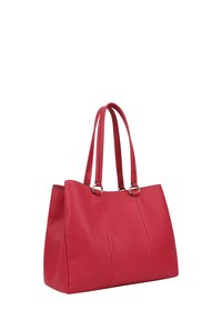 Rode leren tote bag met dubbele handvatten, gestructureerde vorm en stiksel details aan de voorkant. Soepele textuur met gouden hardware accenten.