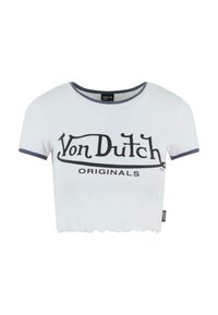 White cropped T-shirt featuring "Von Dutch" logo in black, with a round neckline and contrasting dark gray ribbed trim on sleeves and neckline.