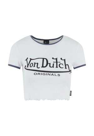 White cropped T-shirt featuring "Von Dutch" logo in black, with a round neckline and contrasting dark gray ribbed trim on sleeves and neckline.