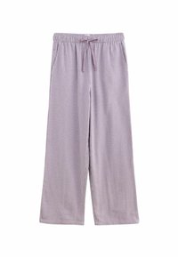 Pantaloni evazati cu model gingham în nuanțe de violet și alb, confecționați dintr-un material ușor, cu talie elastică și șnur reglabil.