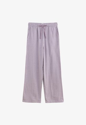 Lila en witte gingham-gepatroniseerde wijde broek gemaakt van lichtgewicht stof met een elastische tailleband en een verstelbaar trekkoord.