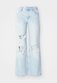 Ανοιχτό μπλε τζιν παντελόνι σε φαρδιά γραμμή, φτιαγμένο από τζιν ύφασμα, με πολλαπλές φθορές και ξεφτισμένες άκρες. Κλασικός σχεδιασμός με πέντε τσέπες και κλείσιμο με κουμπί.