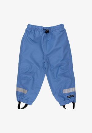Blauwe waterdichte broek met elastische tailleband, verstelbaar trekkoord, reflecterende accenten en zwarte elastische banden bij de enkels.