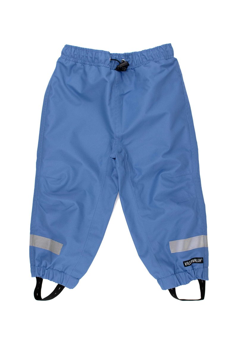 Niebieskie wodoodporne spodnie z elastycznym paskiem w talii, regulowanym sznurkiem, odblaskowymi akcentami oraz czarnymi elastycznymi paskami na kostkach.