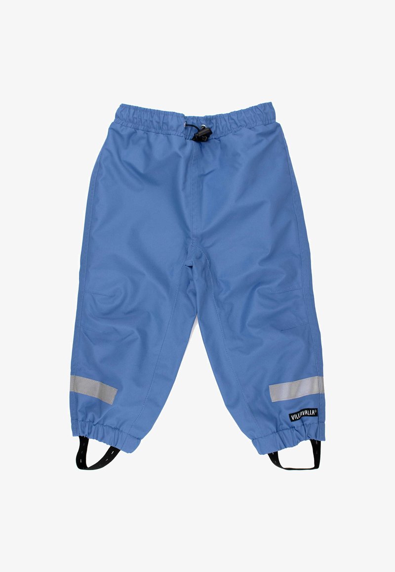 Niebieskie wodoodporne spodnie z elastycznym paskiem w talii, regulowanym sznurkiem, odblaskowymi akcentami oraz czarnymi elastycznymi paskami na kostkach.