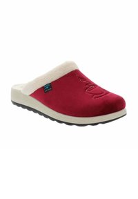 Sabot en suède rouge à enfiler avec un col en fausse fourrure, semelle en caoutchouc noir texturé et détails cousus sur le dessus. Logo de la marque visible.