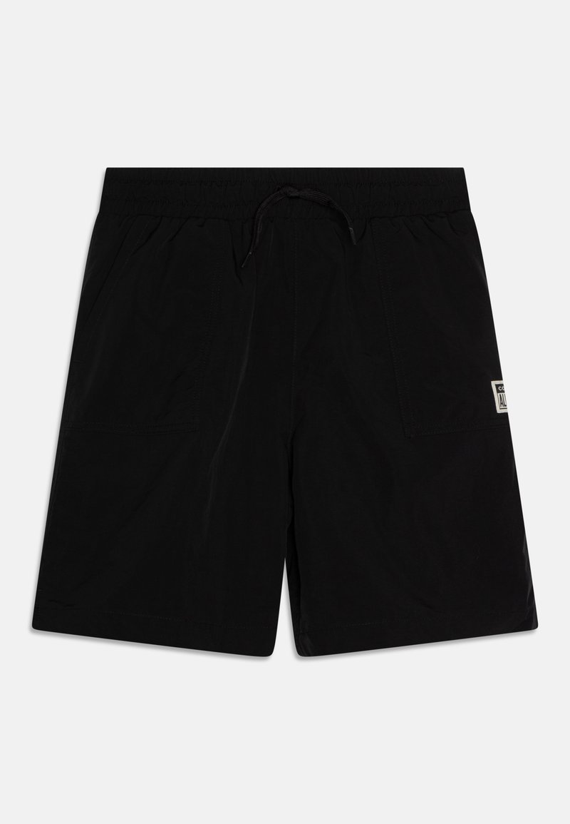 Shorts casual noirs avec taille élastique, cordon de serrage, deux poches latérales et une petite étiquette rectangulaire sur la poche droite.