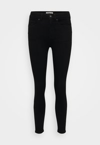 Fekete skinny farmernadrág rugalmas denimből. Közepes derékkal, öt zsebbel és klasszikus cipzáras rajt zárással rendelkezik.